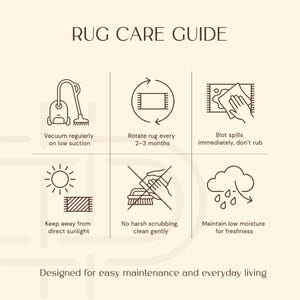 May include: A rug care guide infographic with brown line icons on a cream background. It features instructions for vacuuming, rotating, blotting spills, avoiding direct sunlight, gentle cleaning, and maintaining low moisture for rug maintenance.