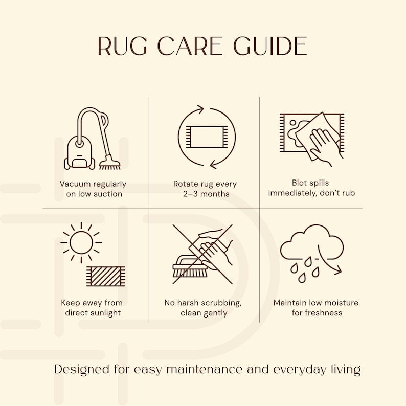 May include: A rug care guide infographic with brown line icons on a cream background. It features instructions for vacuuming, rotating, blotting spills, avoiding direct sunlight, gentle cleaning, and maintaining low moisture for rug maintenance.