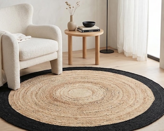 Handwoven Round Jute Rug, Black Border, Boho Farmhouse Braided Carpet