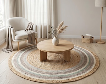 Round Jute Rug, Handwoven Boho Braided Carpet, Neutral Farmhouse Coastal Scandinavian Floor Decor