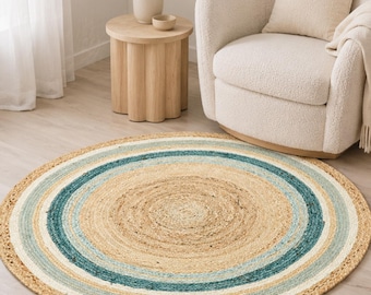 Round Jute Rug, Blue Striped Boho Area Rug, Handwoven Natural Fiber Carpet
