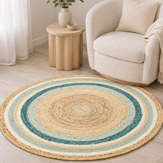 Round Jute Rug, Blue Striped Boho Area Rug, Handwoven Natural Fiber Carpet