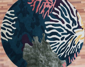 Coral Reef Hand Tufted Silk & Wool Round Rug, Modern Abstract Area Rug, Luxury Contemporary Carpet, Handmad Rug Decor