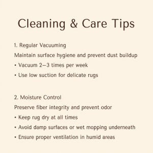May include: An informational graphic with dark brown text on a light cream background titled Cleaning & Care Tips. It lists two sections: 1. Regular Vacuuming, advising to vacuum 2-3 times per week using low suction, and 2. Moisture Control, instructing to keep the rug dry, avoid damp surfaces, and ensure proper ventilation.