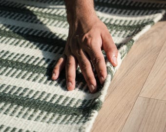 Handwoven Sage Green Striped Dhurrie Rug Minimalist Flatweave Area Rug Scandinavian Wool Carpet Modern Farmhouse Runner Neutral Woven Rug