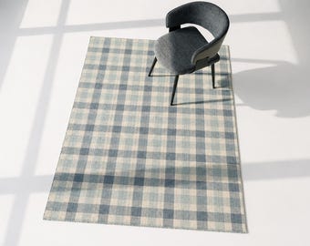 Handwoven Blue Plaid Dhurrie Rug: Flatweave Cotton Farmhouse Carpet