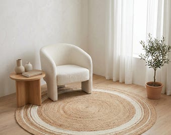 Round Natural Jute Rug, Handwoven Boho Circle Rug, Braided Farmhouse Area Rug, Neutral Coastal Carpet, Scandinavian Floor Decor Gift