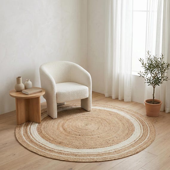 Round Natural Jute Rug, Handwoven Boho Circle Rug, Braided Farmhouse Area Rug, Neutral Coastal Carpet, Scandinavian Floor Decor Gift