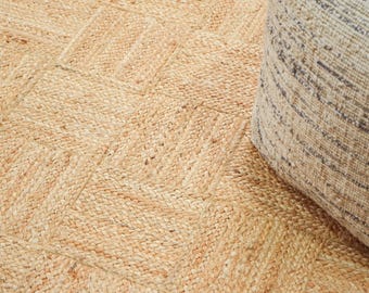 Handwoven Jute Rug, Natural Checkered Patchwork, Boho Farmhouse Braided Carpet