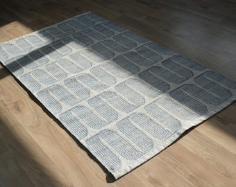 Handwoven Blue Geometric Dhurrie Rug, Modern Flatweave Area Rug, Scandinavian Cotton Rug, Boho Farmhouse Carpet, Handmade Minimalist Rug
