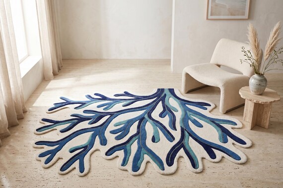 Blue Coral Hand Tufted Wool Rug, Coastal Area Rug, Ocean Inspired Rug, Organic Shaped Rug, Modern Abstract Wool Carpet, Living Room Rug 8x10