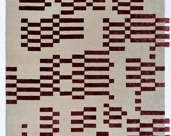 Ruby Pixel Maze Hand Tufted Wool Rug, Geometric Abstract Area Rug, Modern Burgundy Cream Carpet, Contemporary Designer Rug
