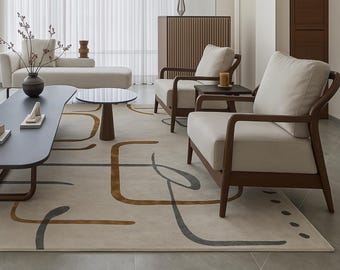 Amber Line Hand Tufted Wool Rug, Modern Abstract Area Rug, Minimal Contemporary Carpet, Handmad Rug for Living Room Decor