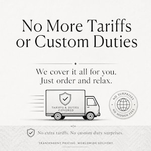 May include: A graphic featuring the text No More Tariffs or Custom Duties, We cover it all for you. Just order and relax. An illustration of a delivery truck with a shield icon and the text TARIFFS & DUTIES COVERED, plus a circular badge stating NO SURPRISES NO HIDDEN FEES, and the text No extra tariffs. No custom duty surprises. TRANSPARENT PRICING. WORLDWIDE DELIVERY.