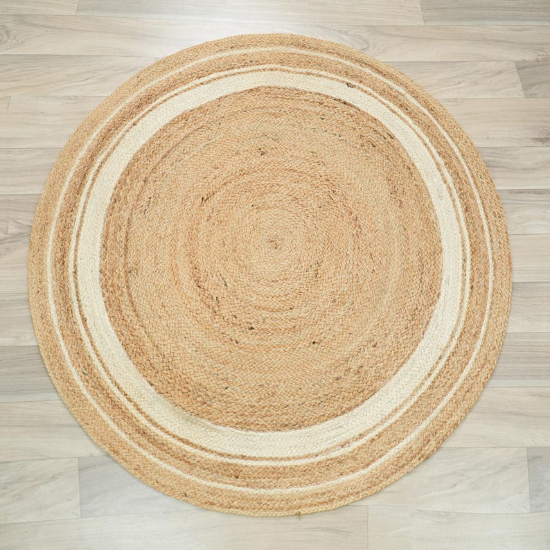 Round Natural Jute Rug, Handwoven Boho Circle Rug, Braided Farmhouse Area Rug, Neutral Coastal Carpet, Scandinavian Floor Decor Gift image 2