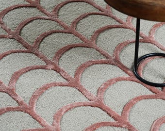 Handmade Wool & Silk Scallop Rug – Blush Sage Art Deco Rug, Luxury Rugged Rug, Modern Rooms Rugs, Handmadee Rugs Customs Carpet