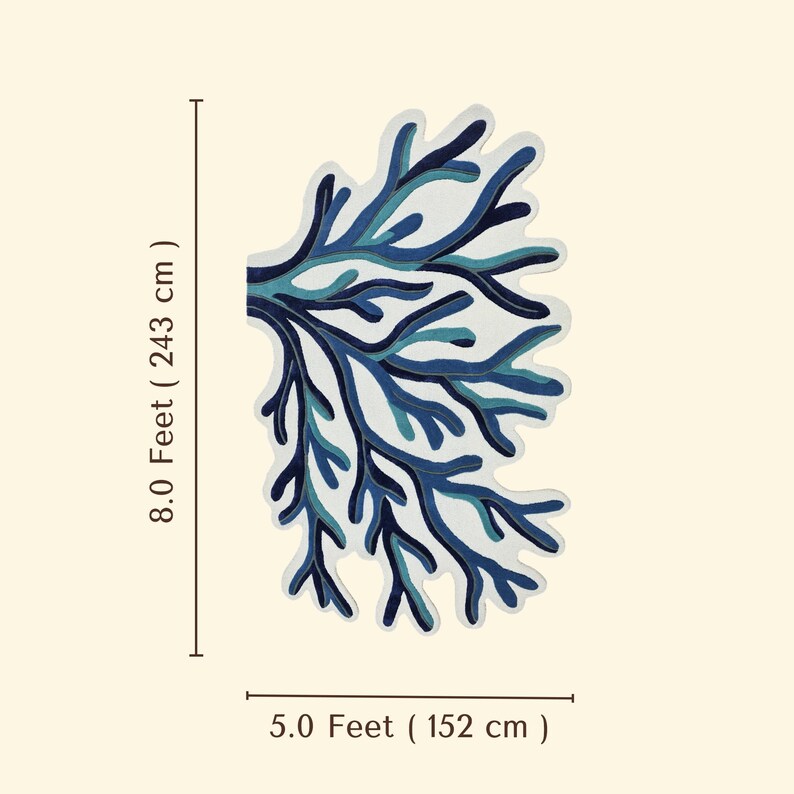 May include: A rug shaped like a coral branch featuring shades of dark blue, light blue, and white. The rug measures 8.0 feet (243 cm) in length and 5.0 feet (152 cm) in width, as indicated by the text and lines displayed next to the object.