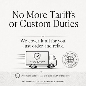 May include: A graphic featuring the text No More Tariffs or Custom Duties, We cover it all for you. Just order and relax. An illustration of a delivery truck with a shield icon and the text TARIFFS & DUTIES COVERED, plus a circular badge stating NO SURPRISES NO HIDDEN FEES, and the text No extra tariffs. No custom duty surprises. TRANSPARENT PRICING. WORLDWIDE DELIVERY.