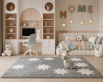 Nordic Star Hand Tufted Wool Rug, Modern Minimal Kids Area Rug, Scandinavian Contemporary Carpet, Handmad Rug Nursery Decor