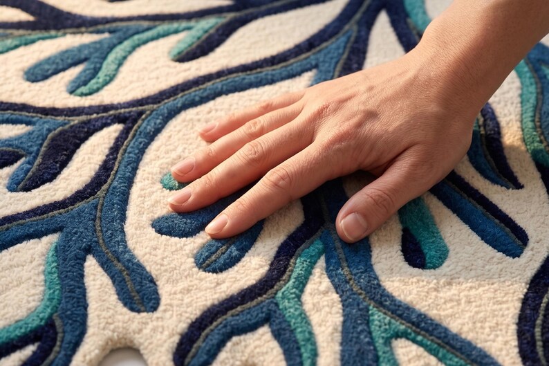 May include: A tufted rug featuring a cream-colored base with a raised, branching pattern in shades of navy blue, royal blue, and teal. The design consists of organic, flowing lines that mimic coral or tree branches with a thick, textured pile.