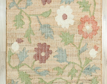 Handwoven Jute Floral Rug, Boho Farmhouse Botanical Carpet, Cottagecore Living Room Decor