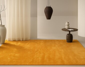 Handmade Wool & Silk Geometric Rug – Golden Mustard Modern Rug, Luxury Rugged Rugs, Contemporary Rooms Rugs, Abstract Handmadee Carpet