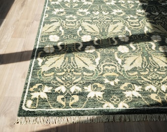 Gifted Vintage Floral Hand Knotted Rug, Dark Green Wool Rug, Traditional Botanical Carpet, Artisan Handmade Area Rug, Luxury Heritage Rugged