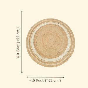 May include: A round, woven jute rug featuring concentric circles of natural tan and off-white fibers. The rug is labeled with dimensions of 4.0 Feet (122 cm) in diameter, clearly indicated by measurement lines on the side and bottom of the image.