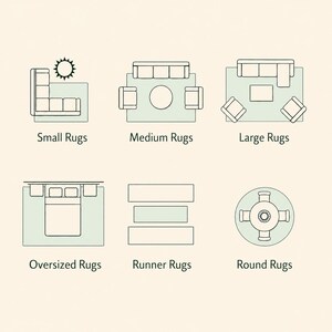 May include: A diagram showing six rug placement layouts with labels: Small Rugs, Medium Rugs, Large Rugs, Oversized Rugs, Runner Rugs, and Round Rugs. The black line drawings illustrate furniture arrangements on rectangular or circular rug shapes.