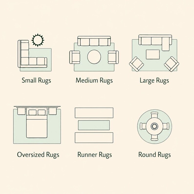 May include: A diagram showing six rug placement layouts with labels: Small Rugs, Medium Rugs, Large Rugs, Oversized Rugs, Runner Rugs, and Round Rugs. The black line drawings illustrate furniture arrangements on rectangular or circular rug shapes.