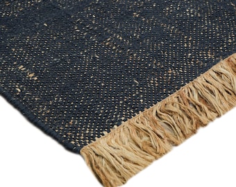 Handwoven Black Jute Rug, Natural Fringe, Boho Farmhouse Carpet