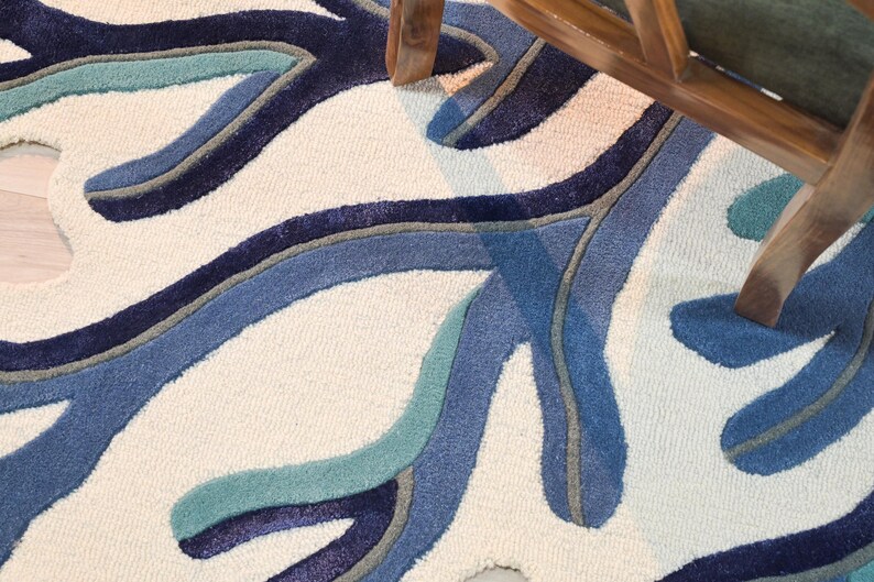 Blue Coral Hand Tufted Wool Rug, Coastal Area Rug, Ocean Inspired Rug, Organic Shaped Rug, Modern Abstract Wool Carpet, Living Room Rug 8x10 image 7