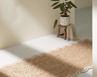Scalloped Jute Runner Rug, Handwoven Boho Hallway Carpet, Natural Farmhouse Entryway Carpet