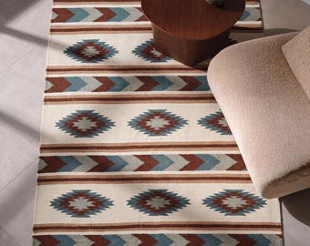 Handwoven Southwestern Dhurrie Rug, Tribal Flatweave Area Rug, Boho Kilim Wool Rug, Rustic Geometric Carpet, Navajo Inspired Farmhouse Rug