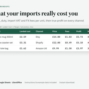 May include: A digital spreadsheet titled UK Landed Cost & Margin Calculator.xlsx displaying product data for a ceramic mug, bamboo coaster set, and cotton tote bag, including columns for landed cost, channel, price, fees, profit, and margin.