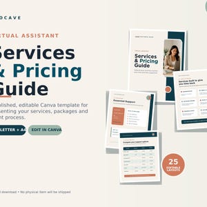 May include: A digital virtual assistant services and pricing guide template featuring a cream background with dark teal and terracotta accents. The text reads Neocave, Virtual Assistant Services & Pricing Guide, US Letter + A4, Edit in Canva.