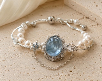 Aquamarine Pearl Bracelet, Ocean Inspired Silver Charmed Magnetic Bangle, Mermaid Core Crystal Jewelry, Bridal Pearl Bracelet Gift for Her