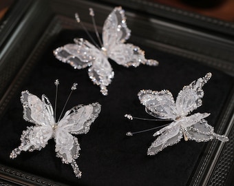 Conjunto de pinzas para el cabello de mariposa de cristal hechas a mano, tocado nupcial de hada en 3D, accesorios estéticos para el cabello de boda, horquilla Fairycore, regalo para ella.