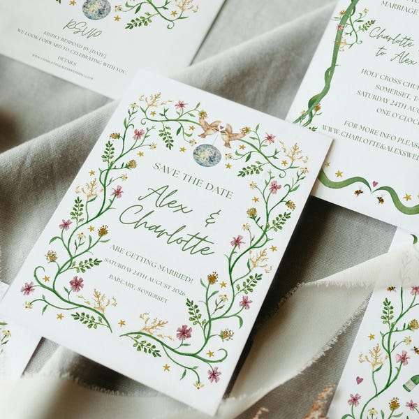 Watercolour Floral and Fauna Wedding Invitation, Save The Date & RSVP Card