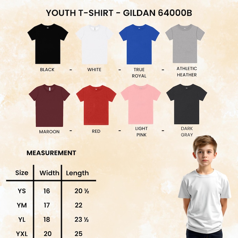 May include: A youth t-shirt in various colors, including black, white, true royal, athletic heather, maroon, red, light pink, and dark gray. The image displays the Gildan 64000B model with size and measurement details. The width measurements range from 16 to 20 inches, and the length measurements range from 20 1/2 to 25 inches.