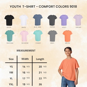 May include: A youth t-shirt in melon color is modeled. The image displays a color chart with various t-shirt colors: black, white, blue jean, pepper, violet, orchid, seafoam, blossom, chalky, gray, and melon. Measurement details are also provided.