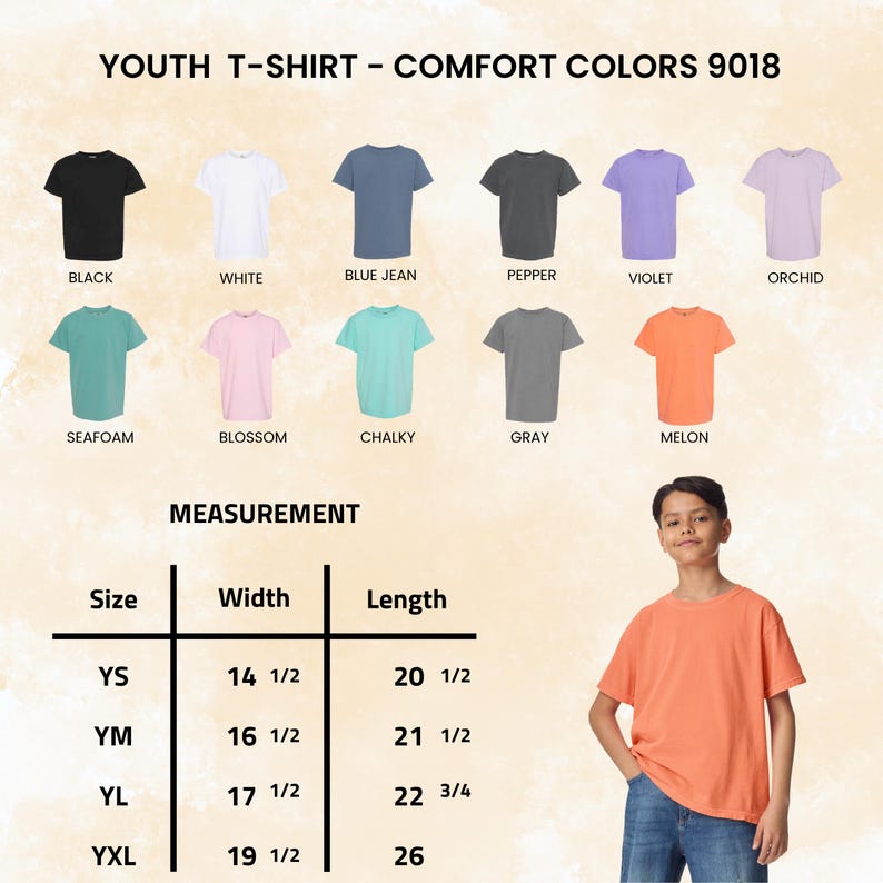 May include: A youth t-shirt in melon color is modeled. The image displays a color chart with various t-shirt colors: black, white, blue jean, pepper, violet, orchid, seafoam, blossom, chalky, gray, and melon. Measurement details are also provided.