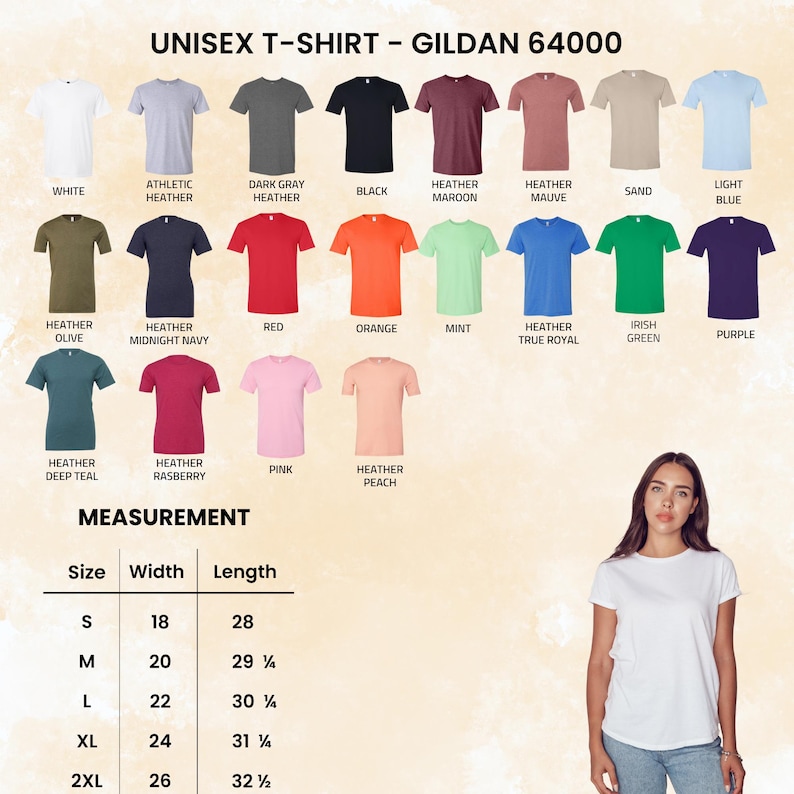 May include: A selection of Gildan 64000 unisex t-shirts in various colors, including white, black, red, and purple. Measurements are provided for sizes S to 2XL, with widths ranging from 18 to 26 inches and lengths from 28 to 32 1/2 inches. A woman is wearing a white t-shirt.