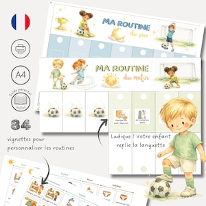 Puede incluir: Conjunto de gráficos de rutina ilustrados con el texto "MA ROUTINE du soir" y "MA ROUTINE du matin". Los gráficos presentan ilustraciones temáticas de fútbol y el texto "84 vignettes pour personnaliser les routines". Incluye una guía para padres.