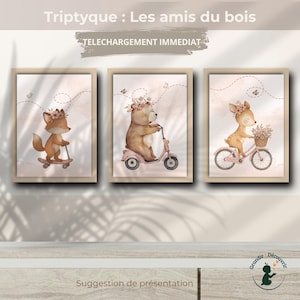 Peut inclure: Un triptyque d'estampes encadrées à l'aquarelle représentant des animaux de la forêt. Un renard sur un skateboard, un ours sur un scooter et un cerf sur un vélo, tous ornés de couronnes florales. Les impressions ont une palette de couleurs pastel.