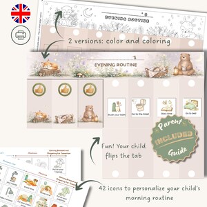 Peut inclure: Un tableau de routine du soir pour enfants avec des illustrations d'animaux de la forêt. Le tableau comprend des icônes pour les activités du coucher telles que le brossage des dents et l'heure du conte. Le texte sur le tableau indique "Routine du soir" et "Guide parental inclus".
