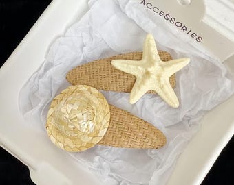 Boho Straw Starfish Sun Hat Hair Clips, Beach Vacation Raffia Barrettes Set