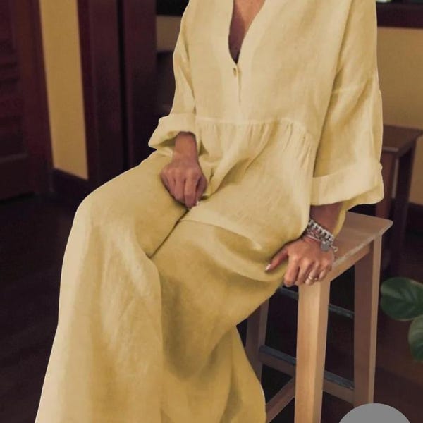 Oversized Cotton Linen Shirt Dress - Plus Size Friendly V-Neck Midi Blouse