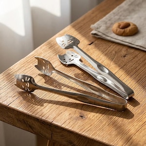 Puede incluir: Cuatro pinzas de servir de acero inoxidable con diseños de caras de gato están dispuestas sobre una superficie de madera. Las pinzas son plateadas y tienen un diseño sencillo y elegante. Una pequeña galleta descansa sobre una servilleta de lino en el fondo.