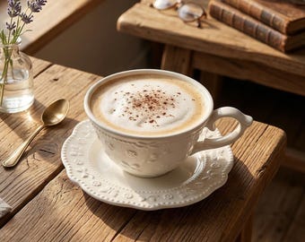 May include: A white teacup and saucer with a floral pattern, filled with cappuccino, sits on a wooden table. A small gold spoon and a vase of lavender are also on the table, creating a cosy, inviting scene.